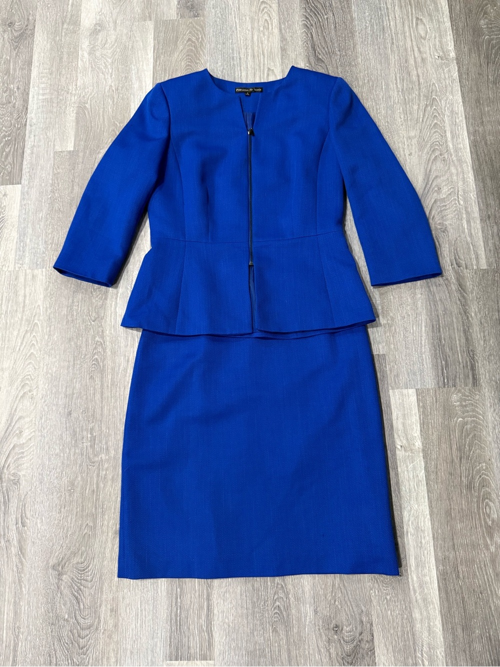 Preston & York Royal Blue 2 Piece Skirt Suit Set Peplum Zip Jacket, Pencil Skirt